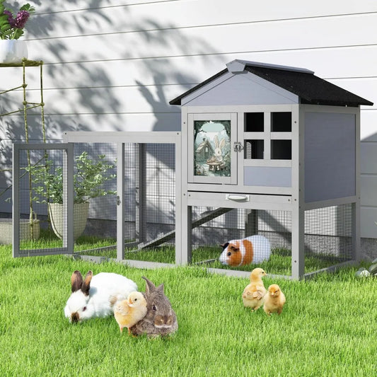48 Inch Rabbit Cage Bunny Hutch Outdoor Indoor Expandable Two Story Large Wooden Small Animal Cage with Run Removable Tray Top Open