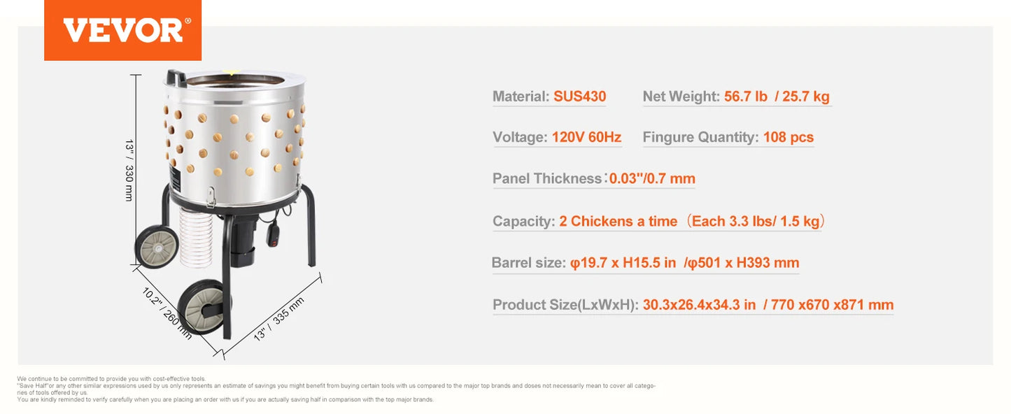 VEVOR Chicken Plucker Machine 20 Inch Diameter Stainless Steel Drum 108 Soft Fingers 500 Watt Poultry Plucking Debris Collection
