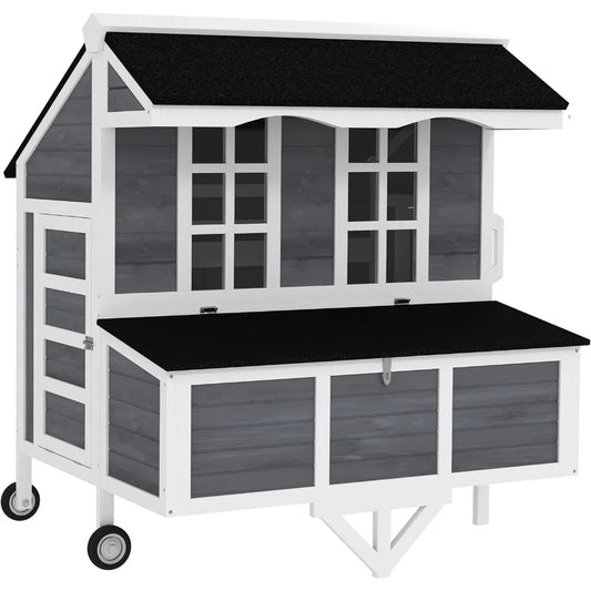 43" Chicken Coop with Wheels Mobile Chicken House with Nesting Box Windows and Perches
