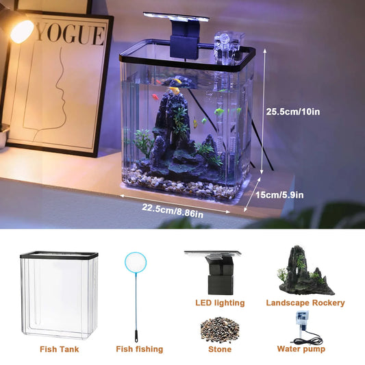Ultra White Mini Fish Tank Desktop Aquarium Starter Kit With Filter And LED Lighting For Living Room Decoration