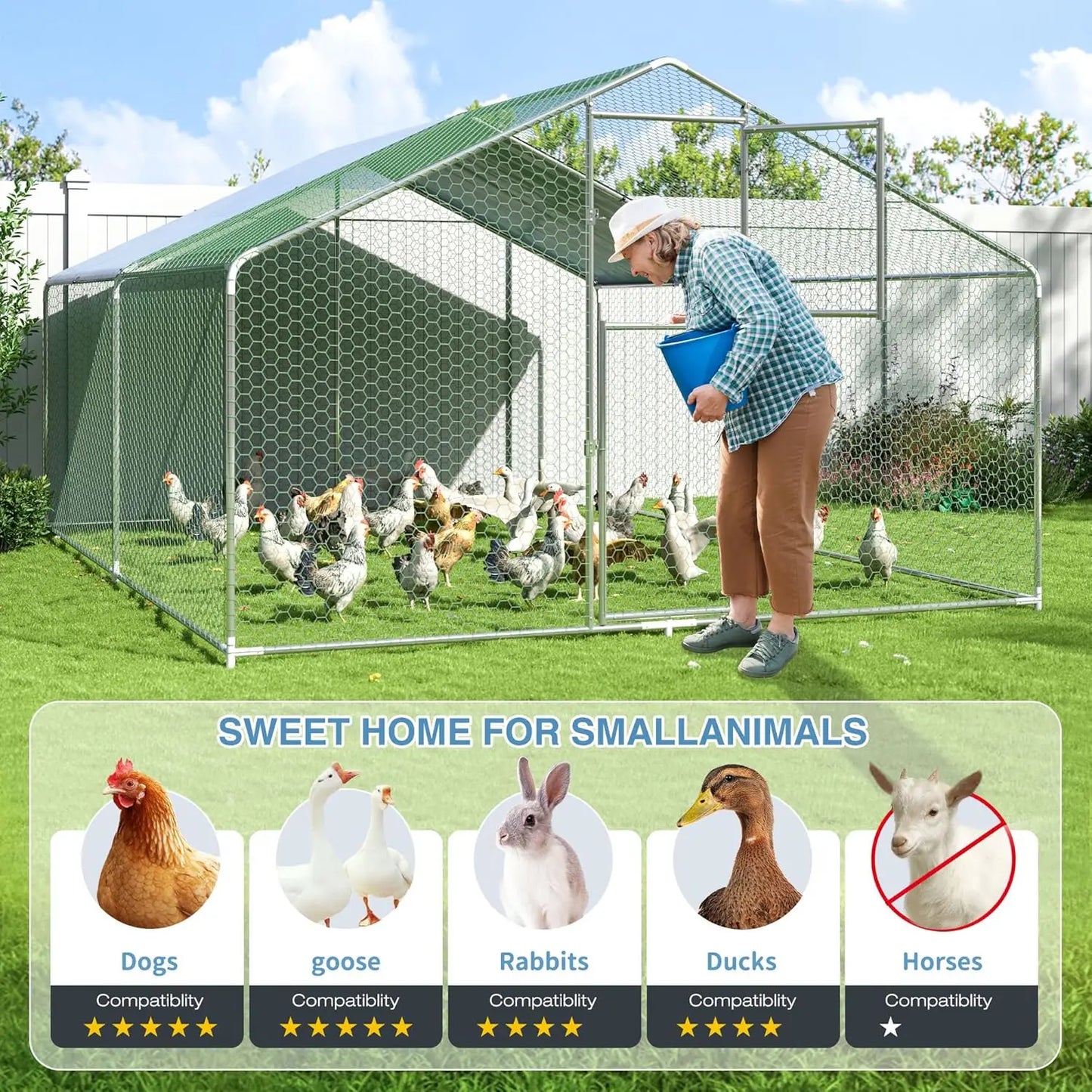 Metal Chicken Coop Large Outdoor Pen Walk-in Run for 6-20 with Double Door House