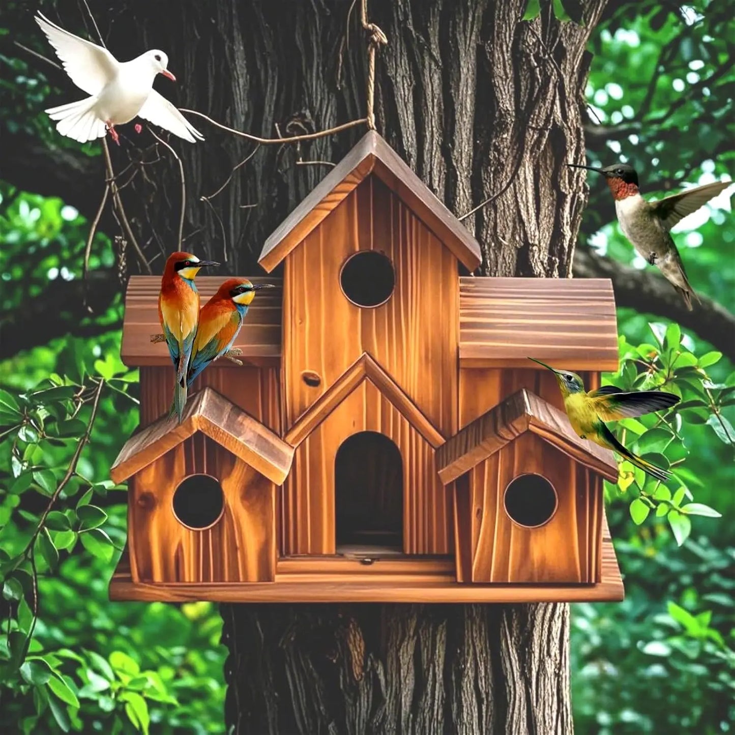 Outdoor 6 Hole Handmade Bird House Hanging Garden Decor