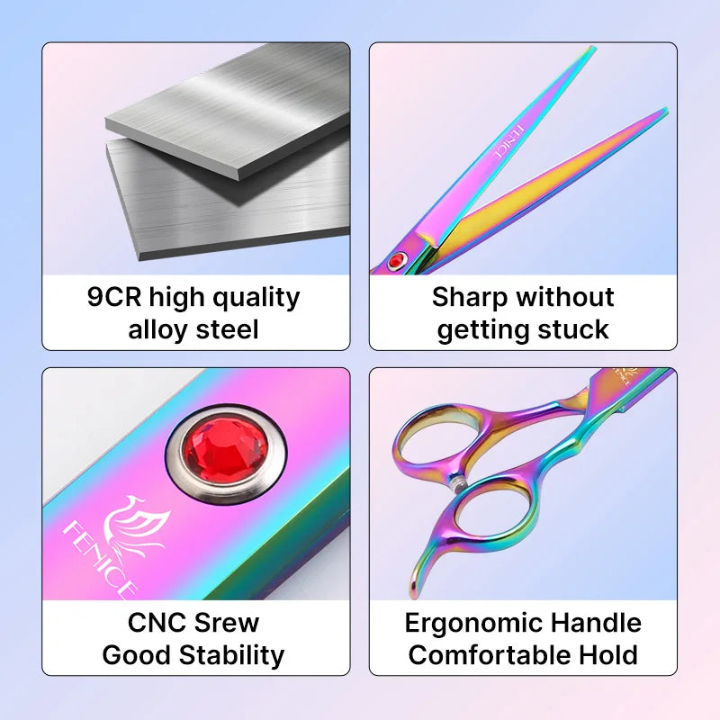 Fenice Classical Model Home Use 9CR Steel 6.5 Inch Rainbow And Black Dog Grooming Scissors Shears Set For Household Pet Owners