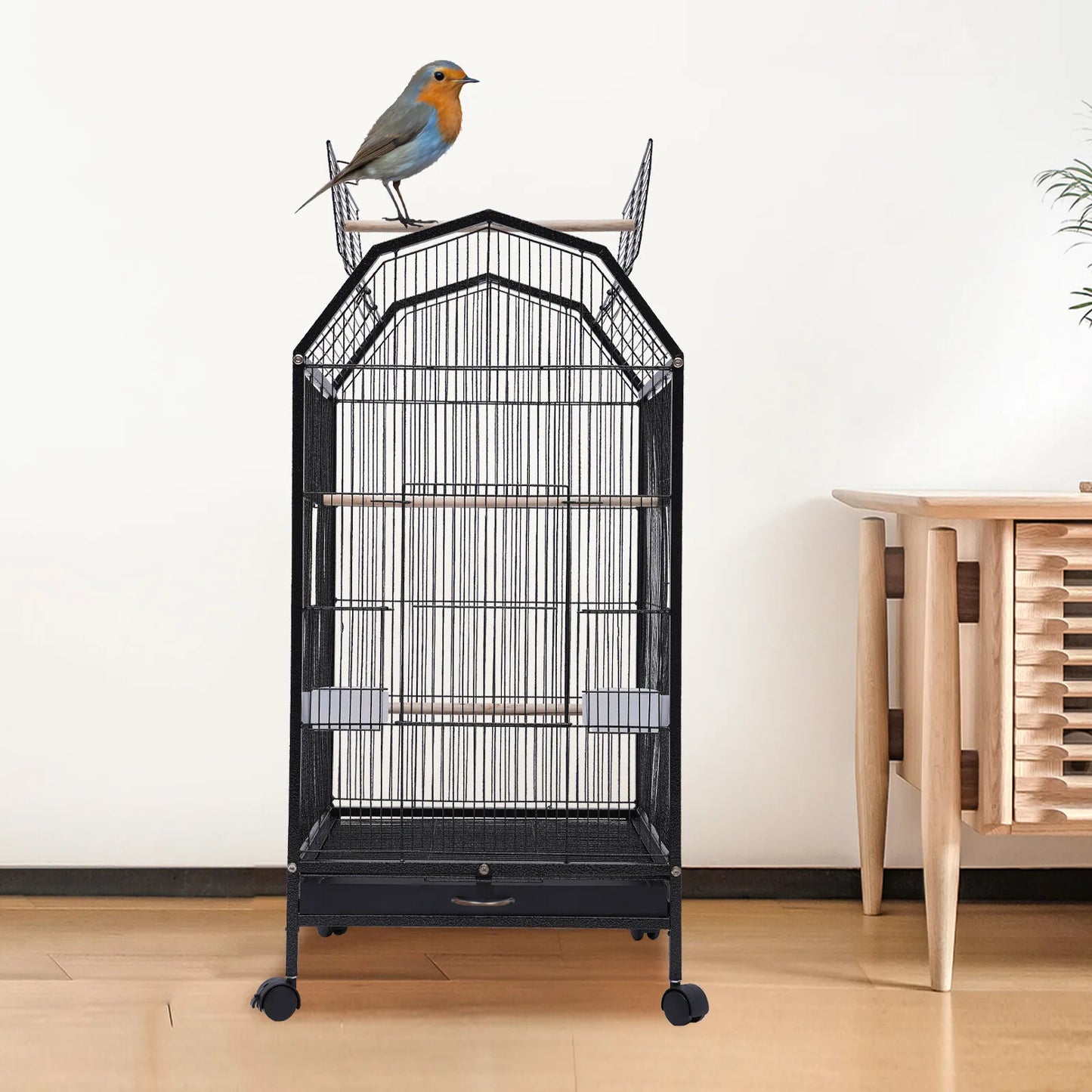 Large Bird Cage With Rolling Stand Skylight Wheels Play Top Cockatiel Parakeet