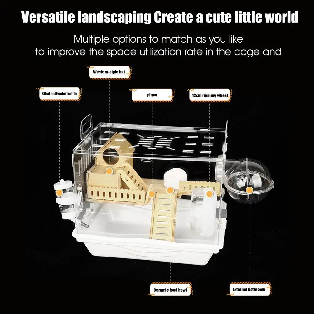 Acrylic Hamster Cage Wooden Small Animal Cage Accessories 2-Layer Small Pet Breathable House For Dwarf Hamsters Mice Gerbils