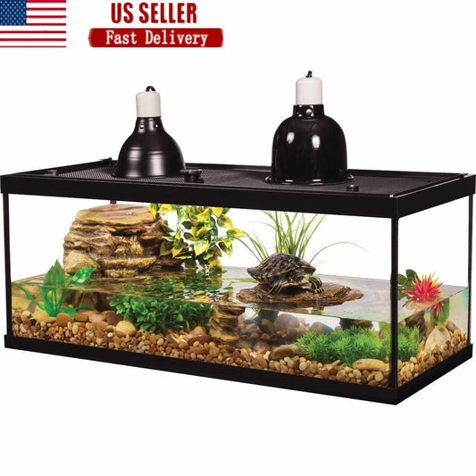 20 Gallon Deluxe Aquatic Turtle Tank Starter Kit With Filter Heating Lamp Basking Platform Screen Top