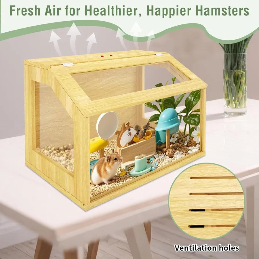 24" Wooden Hamster Cage Chewproof Gerbil Cages and Habitats Openable Top Roof Window with Silencing Pad Guinea Pig Cage for Sma