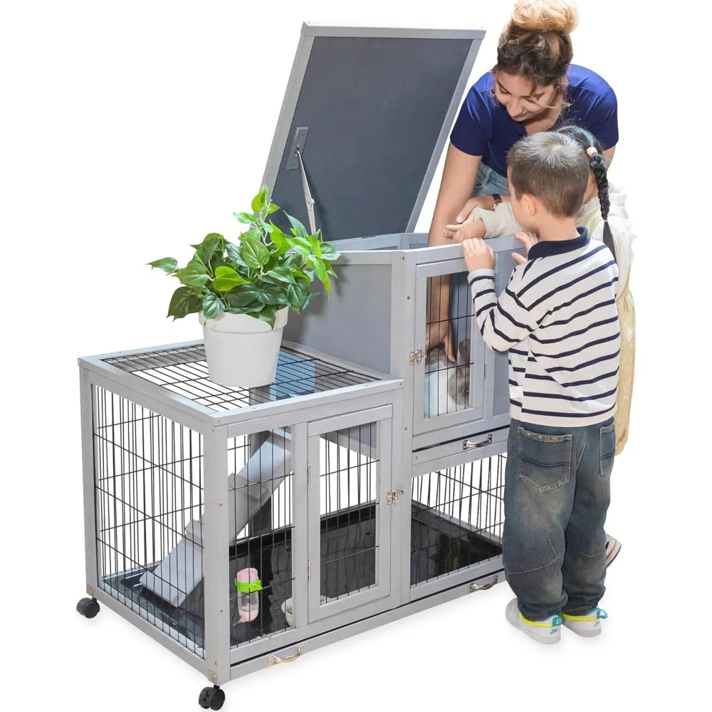 Rabbit Hutch Indoor Outdoor Bunny Cage 39" L Large 2-Story Wooden Enclosure with Wheels