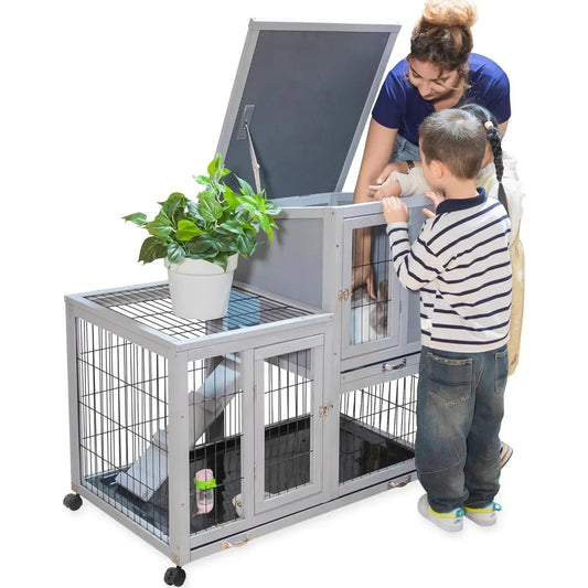 Rabbit Hutch Indoor Outdoor Bunny Cage 39" L Large 2-Story Wooden Enclosure with Wheels