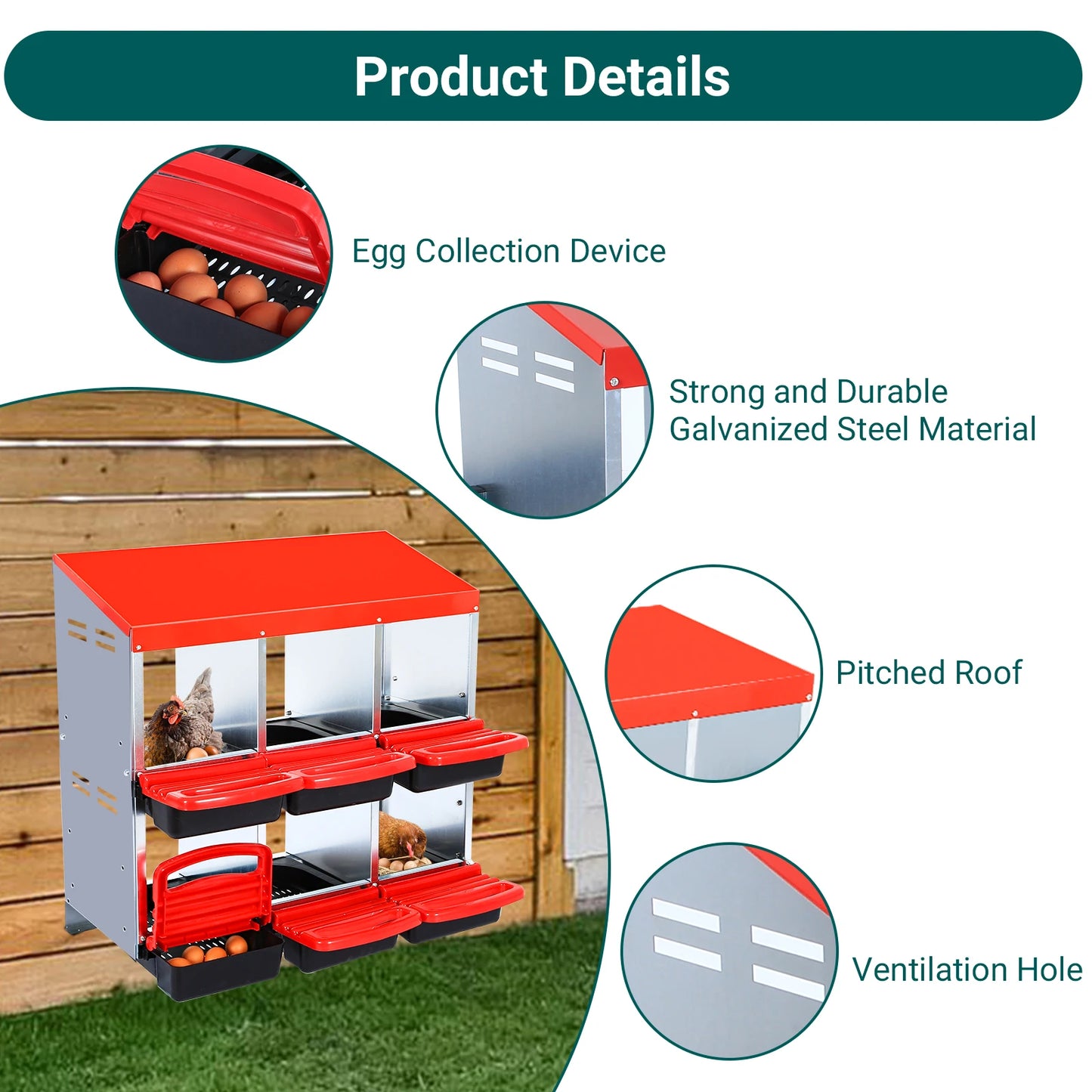 6 Hole Chicken Nest Box Stainless Steel Chicken Laying Box Inclined Nesting Boxes with Bottom Holes for Chickens