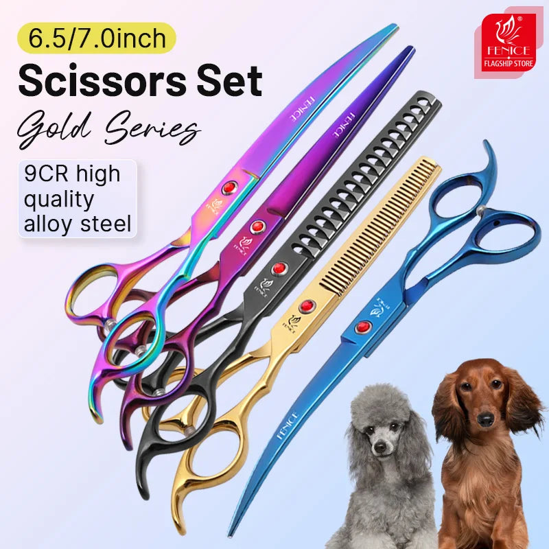 Fenice Classical Model Home Use 9CR Steel 6.5 Inch Rainbow And Black Dog Grooming Scissors Shears Set For Household Pet Owners