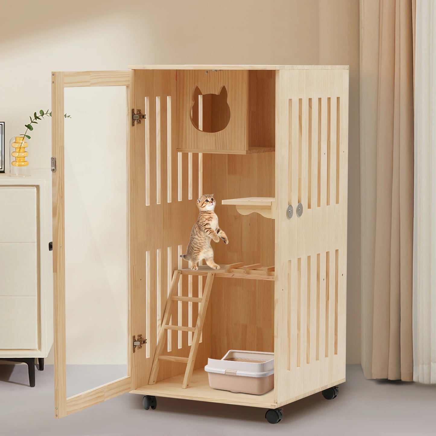 Wooden Cat House with LED Light, Clear Door & Wheels, Easy Install