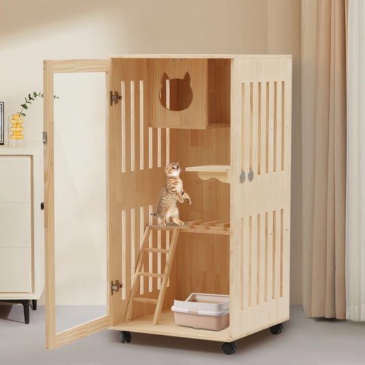 Wooden Cat House with LED Light, Clear Door & Wheels, Easy Install