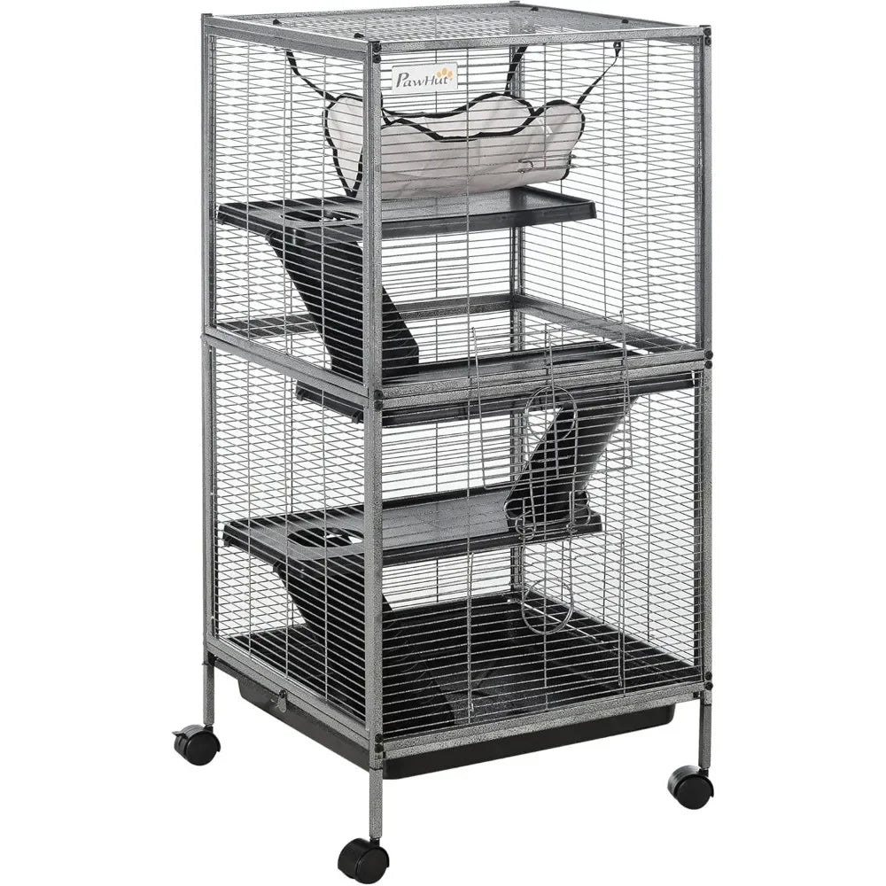 Metal Small Animal Cage Rolling Big For Ferret Chinchilla Sugar Glider With Hammock And 4 Tiers Removable Tray
