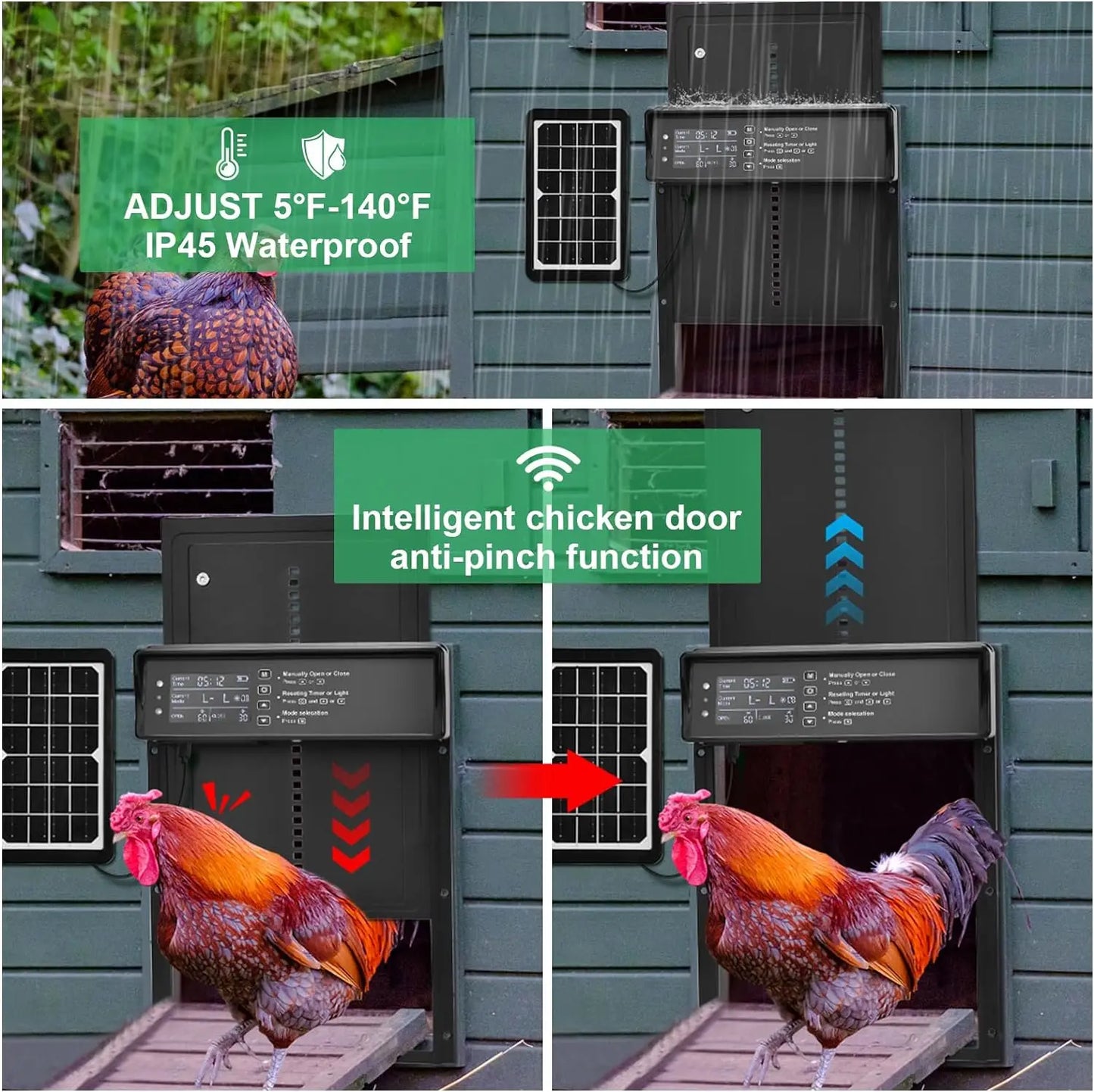 Solar Auto Chicken Coop Door Automatic Chicken Door Solar Powered & USB Charging Chicken Door 4 Modes with Timer & Light Senso