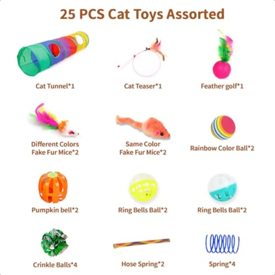 25 Piece Cat Toys Kit Rainbow Tunnel Interactive Bundle For Indoor Cats Playtime