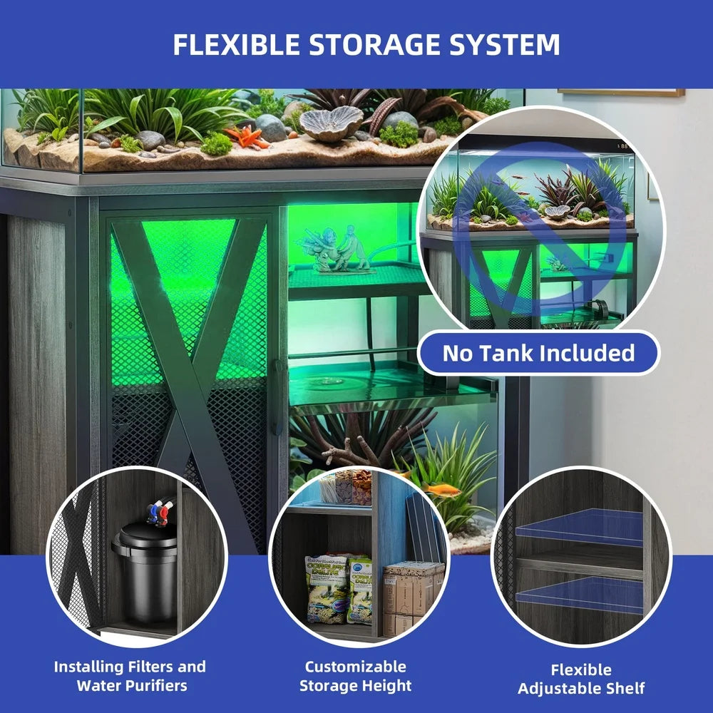 Metal Aquarium Stand With RGB Lighting And Built In Power Outlets For 40 To 50 Gallon Tanks Black Gray Storage Cabinet