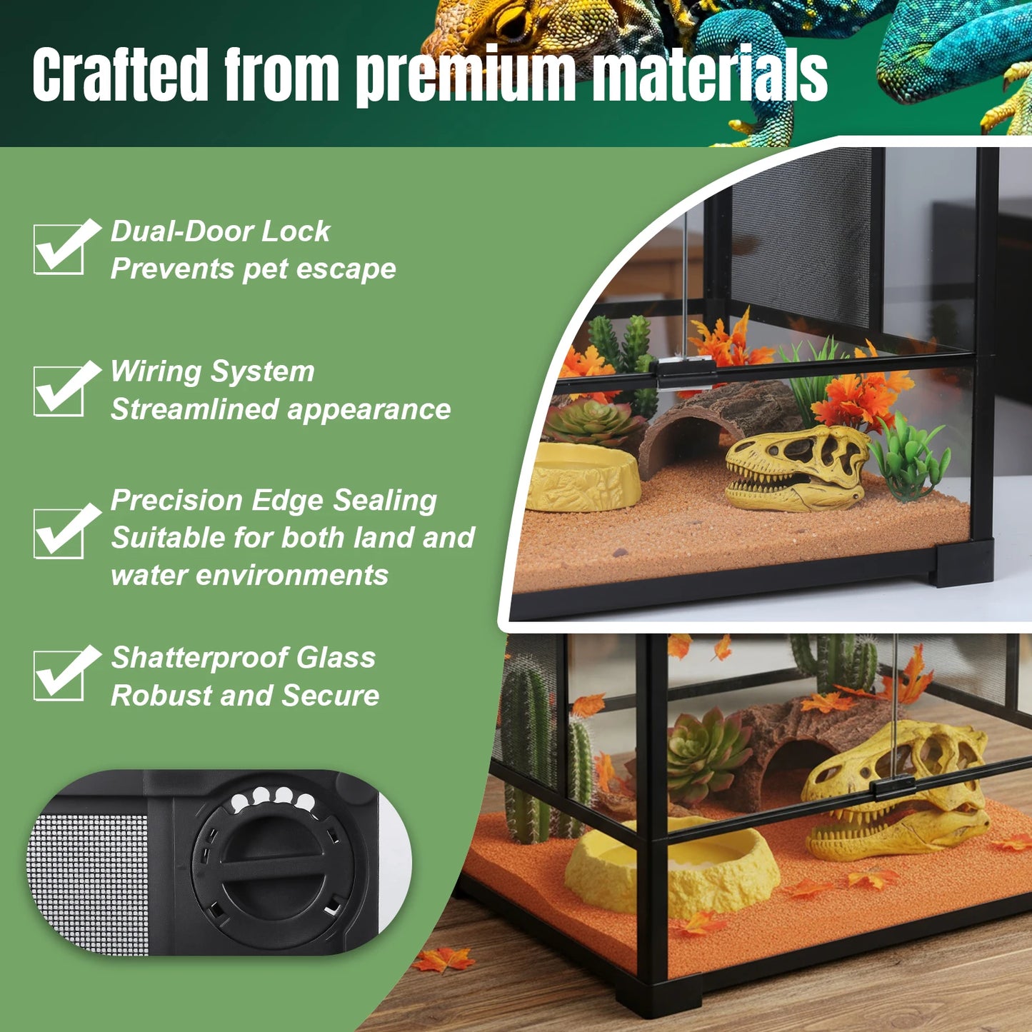 Glass Terrarium Front Reptile Tank With Top Screen Ventilation Escape Proof Lid