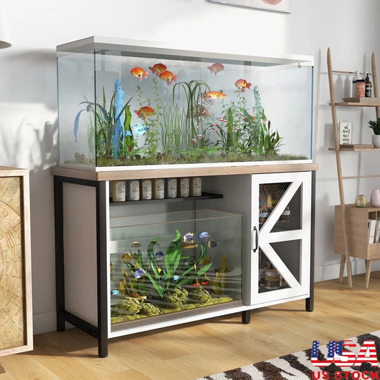 55 To 75 Gallon Heavy Duty Metal Aquarium Stand With LED Light And Cabinet
