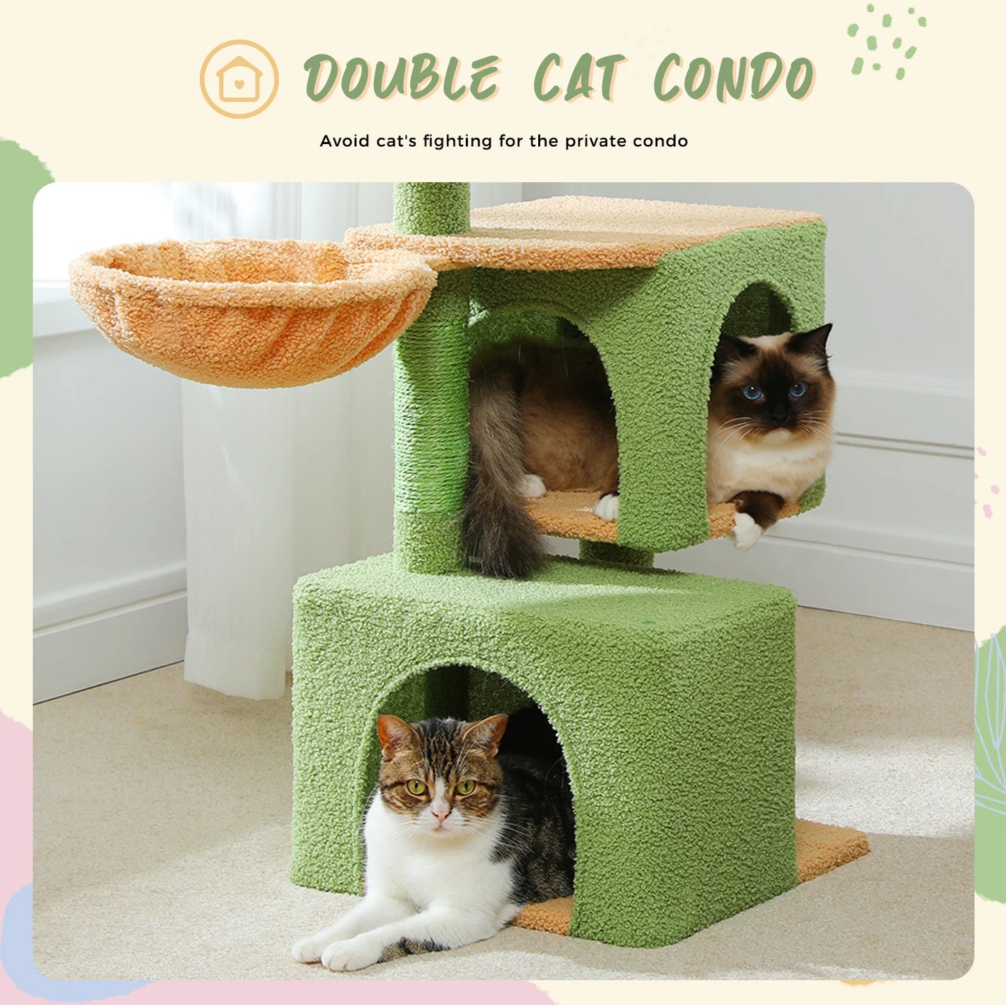 Multi Level Cat Tree for Indoor Cactus Cat Tower with Sisal Scratching Posts Large Condo and Deep Hammock Cat Accessories