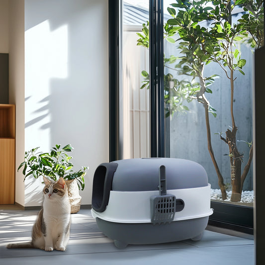 Hooded Oval Cat Litter Box Front Entry Enclosed With Scoop
