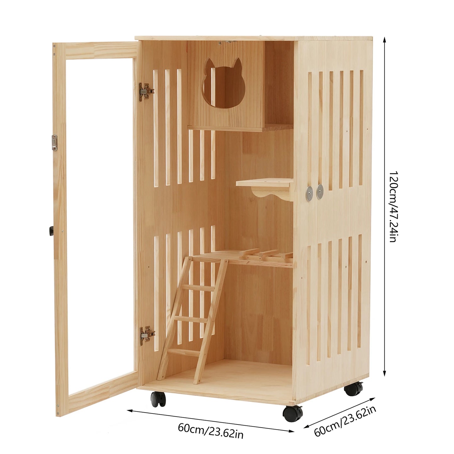 Wooden Cat House with LED Light, Clear Door & Wheels, Easy Install
