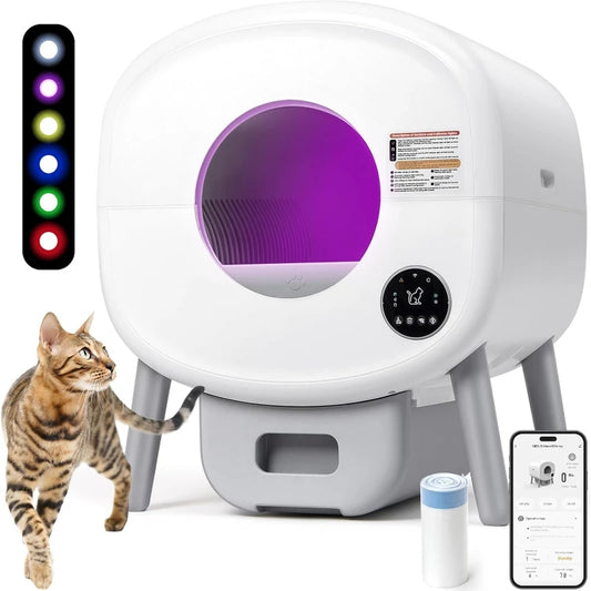 Extra Large Automatic Litter Box Self Cleaning for Multiple Cats Odor Free App Controlled with Ambient Light Waste Disposal