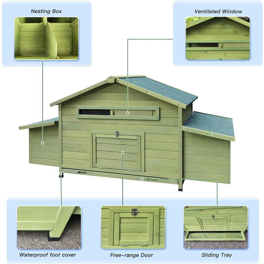 Large Wooden Chicken Coop Outdoor Hen House Poultry Cage with 4 Nesting Boxes and Leakproof Pull-On Tray Weatherproof Poultry