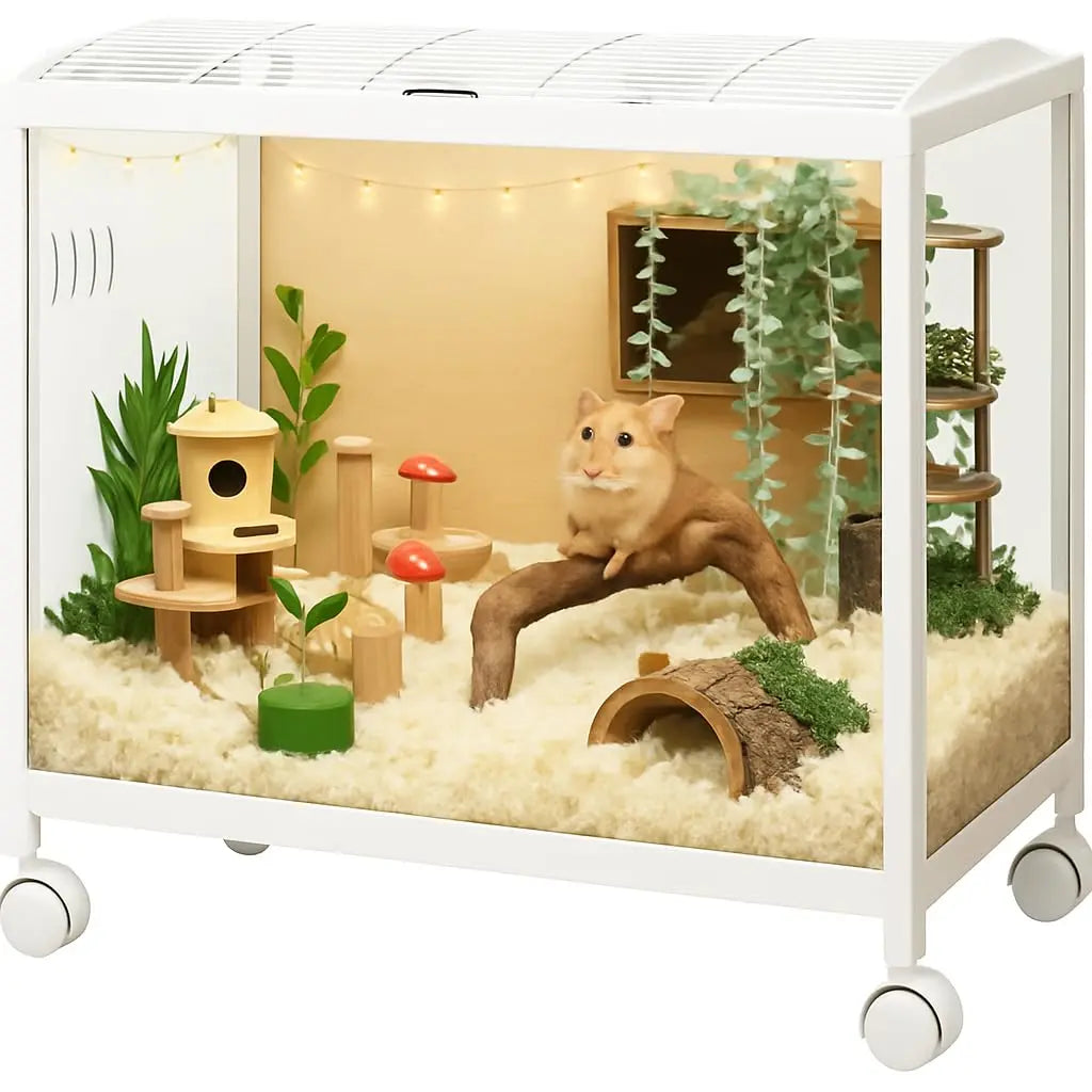 Hamster Cage 360 Degree Viewing Transparent Hamster Habitat with Universal Wheels Chew Proof Dual Door Small Animal Habitat Portable