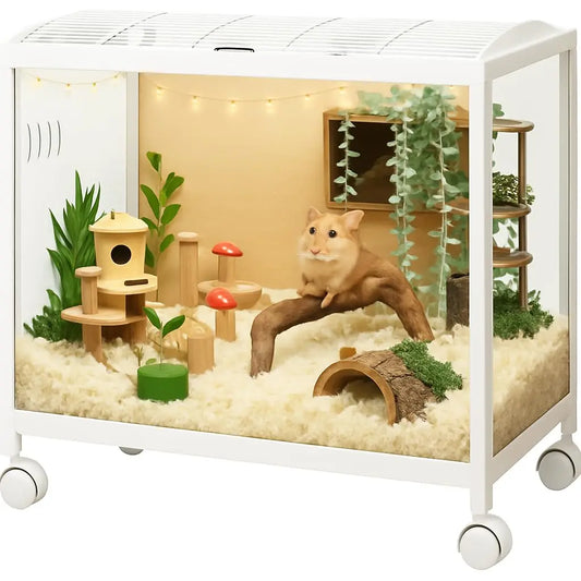 Hamster Cage 360 Degree Viewing Transparent Hamster Habitat with Universal Wheels Chew Proof Dual Door Small Animal Habitat Portable