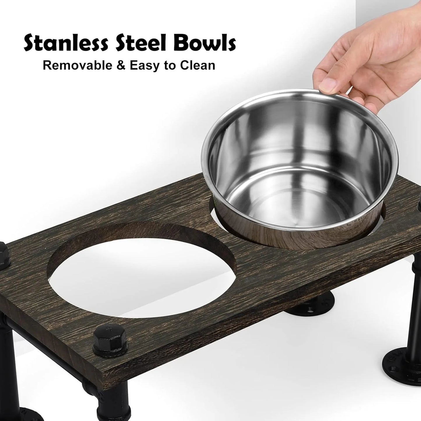 Raised Dog Bowl Stand for Large Dogs with 2 Stainless Steel Bowls and Waterproof Wood Base in Rustic Brown and Durable Design