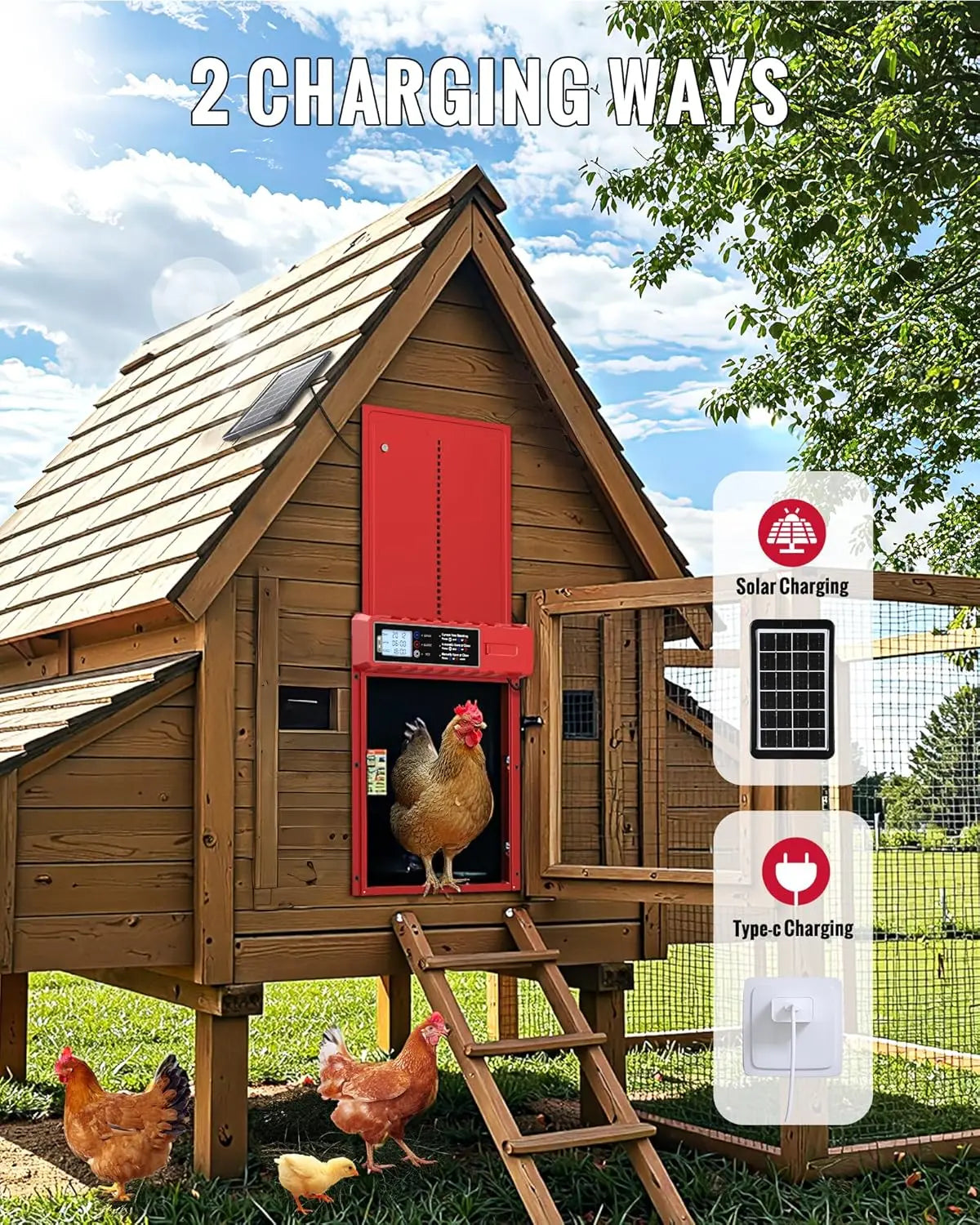 Automatic Chicken Coop Door Solar Powered with XL Large Size 10.8″x 14.2″ Red Auto Chicken Door Design with USB-C Charging