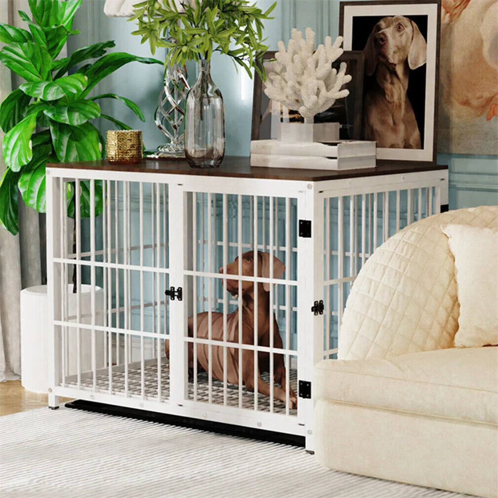 Large Wooden Dog Crate Indoor Furniture Style Elevated Pet Dog Cage Kennel End Table Lattice Playpen with 3 Doors