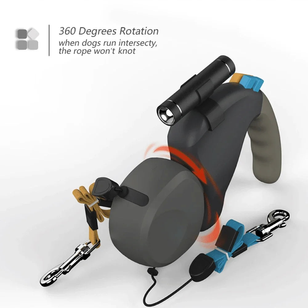 Double Dog Leash Retractable Rope With Light For Two Dogs