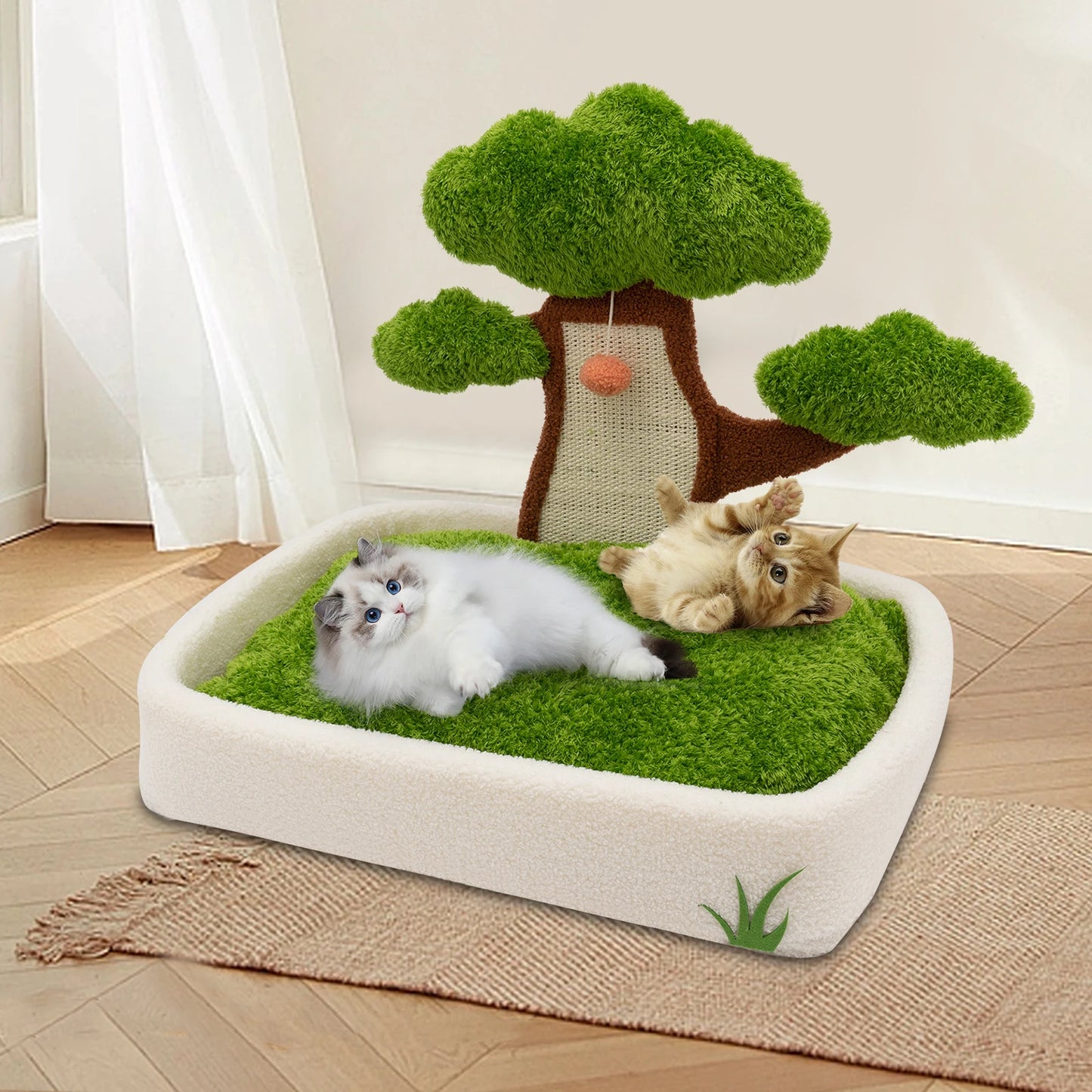 Green Indoor Cat Furniture With Bed And Scratching Post Plush Ball Easy Assemble