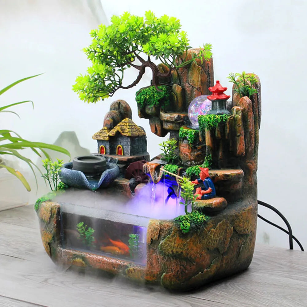 Indoor LED Water Fountain With Mist Resin Rockery Waterfall For Home Decor