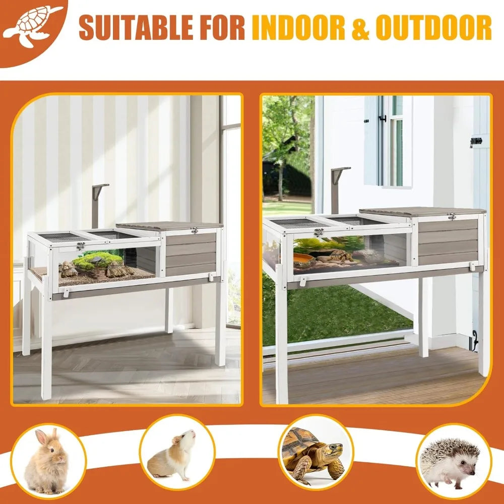 Large Wooden Tortoise Habitat Enclosure with No Leaking Tray Indoor and Outdoor Reptile Cage for Small Animals