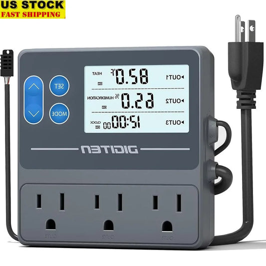 Reptile Temperature Humidity Controller Timer Thermostat 3-Stage Outlet Plug Humidistat LCD Display Precision Sensor Equipment