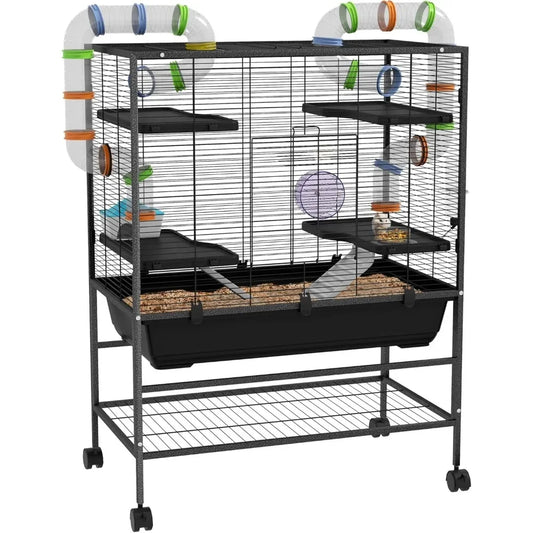 32 Inch Large Hamster Cage with Storage Shelf and Tubes for Syrian Hamster and Gerbils with Running Wheel and Food Dish