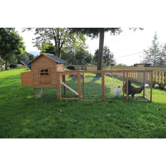 Outdoor Chicken Coop Wooden Hen House Poultry Pet Hutch Run Cage with Waterproof Asphalt Roof Ramp Nesting Box and Wire Fence 120 Inches