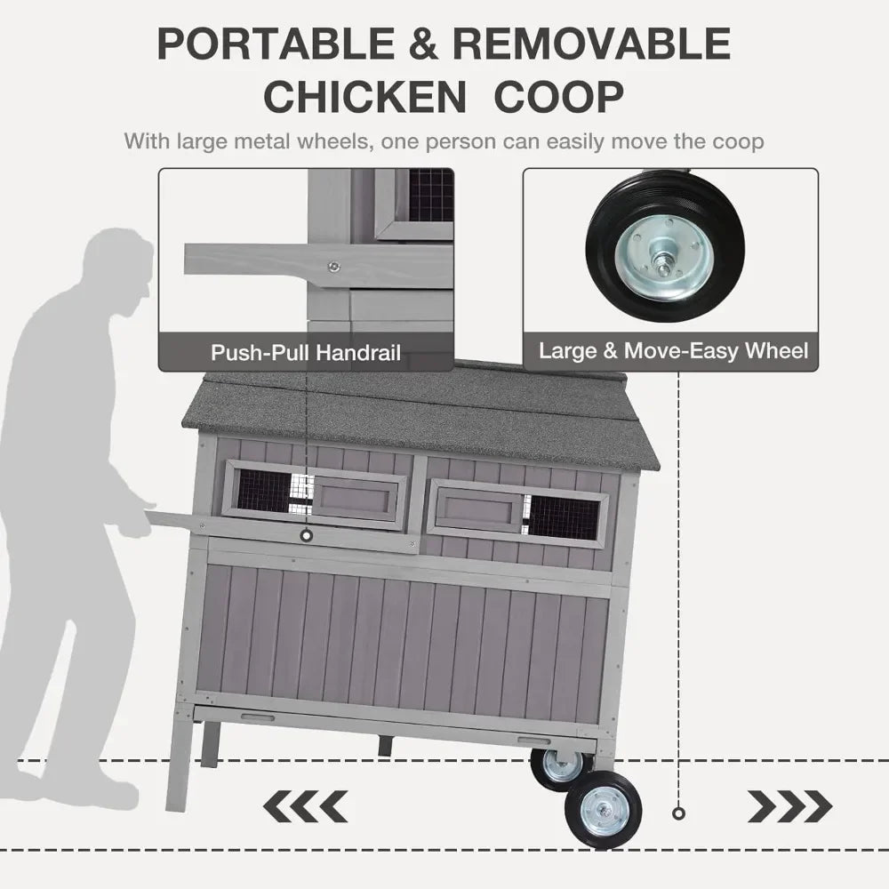 Durable Outdoor Chicken Coop with Large Wheels, 3 Nesting Box, and Leakproof Pull-On Tray - Movable Hen House