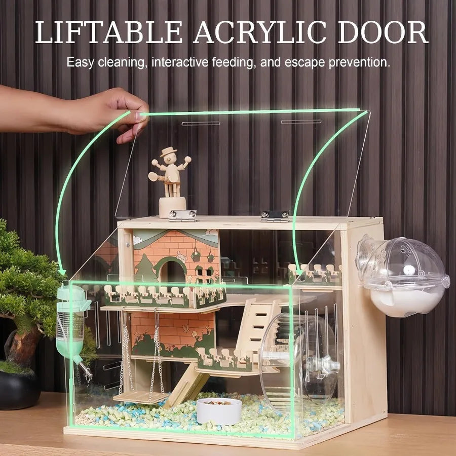 11 In 1 Wooden Hamster Cage With All Accessories 15.8 Inch Three Layer Dwarf Hamster Cage Pastoral Style