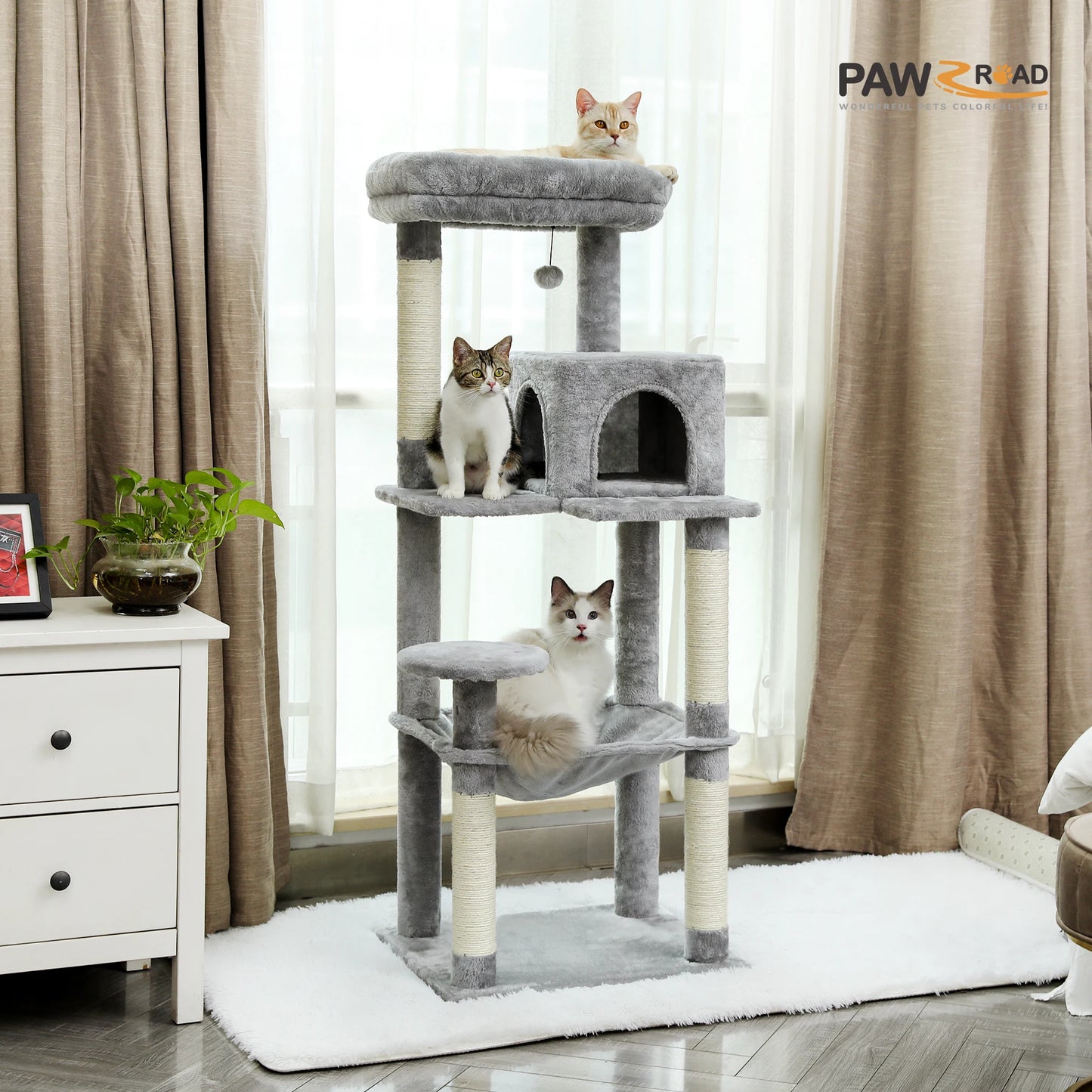 Cat Tree for Indoor Cats 5 Level Cat Tower with Large Hammock Sisal Covered Scratching Posts Cozy Condo Top Perch