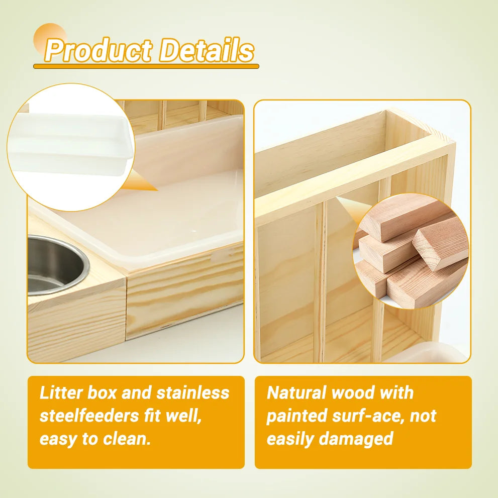 4-in-1 Rabbit Hay Feeder with Litter Box Wooden Toilet Combo Easy Clean 2 Bowls Included