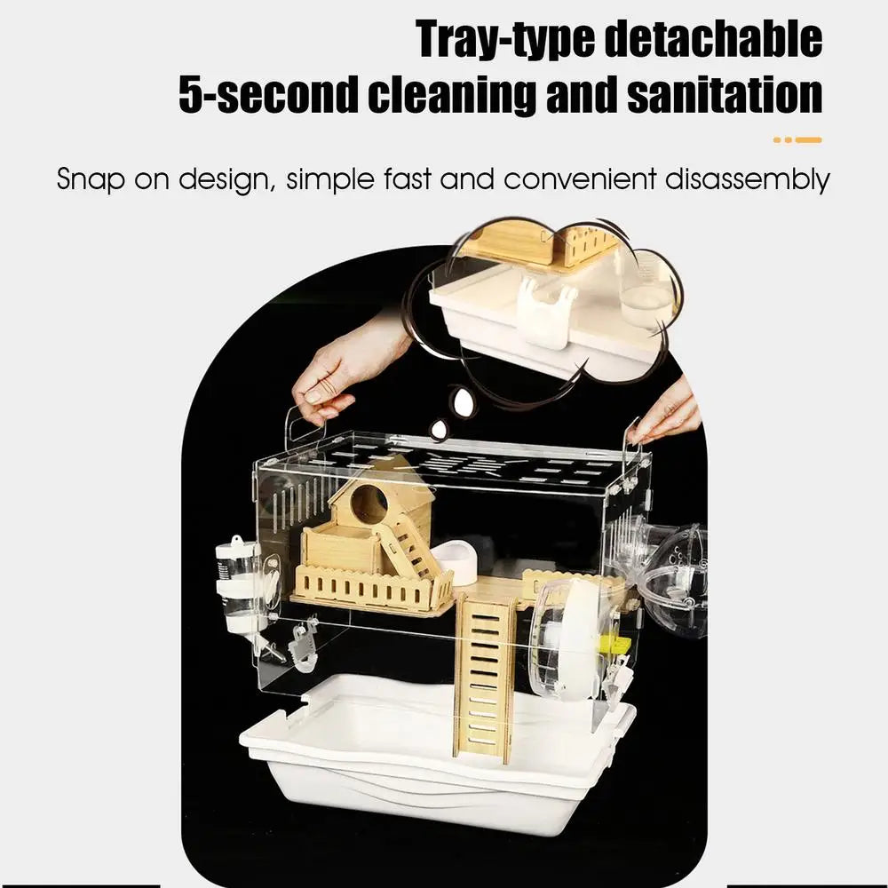Acrylic Hamster Cage Wooden Small Animal Cage Accessories 2-Layer Small Pet Breathable House For Dwarf Hamsters Mice Gerbils