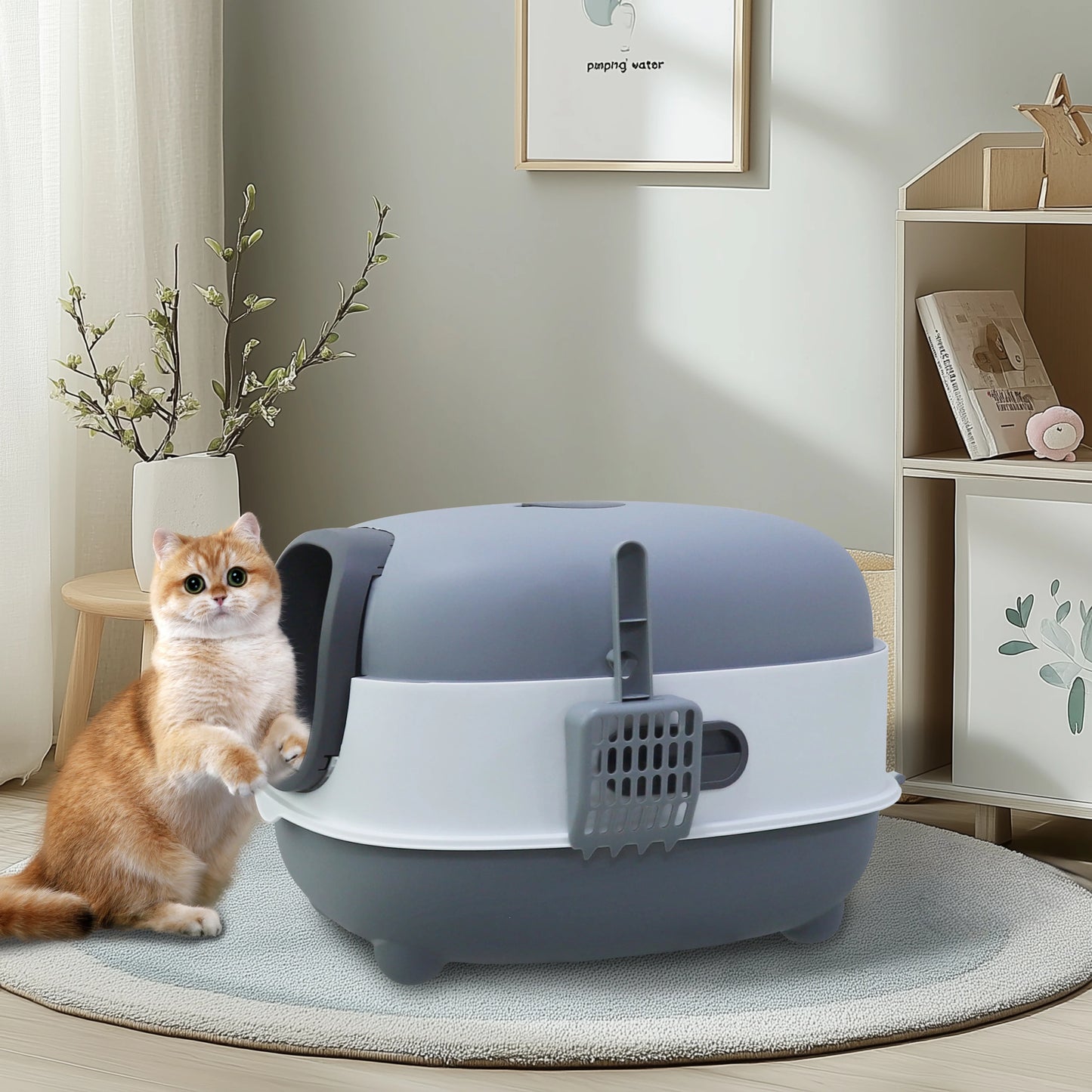 Hooded Oval Cat Litter Box Front Entry Enclosed With Scoop