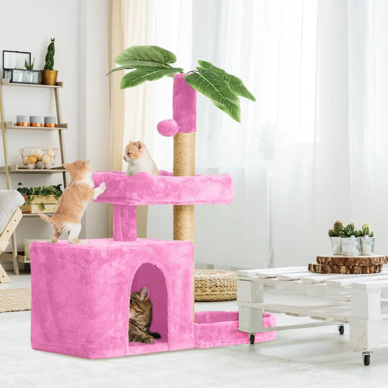 31.5" Cat Tree Tower for Indoor with Green Leaves Design