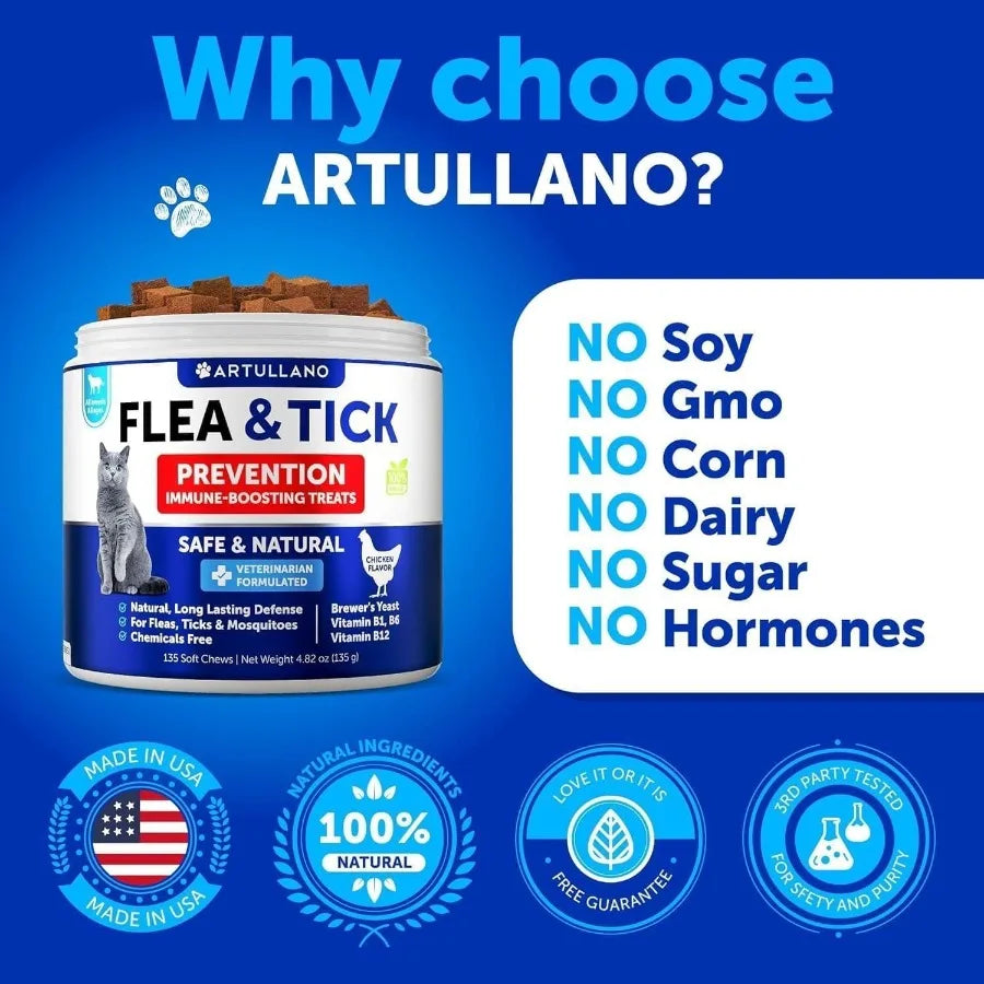 Flea Treatment for Cats Natural Flea and Tick Prevention Supplement Chewable Daily Oral Pills with Vitamins for Cats and Kittens