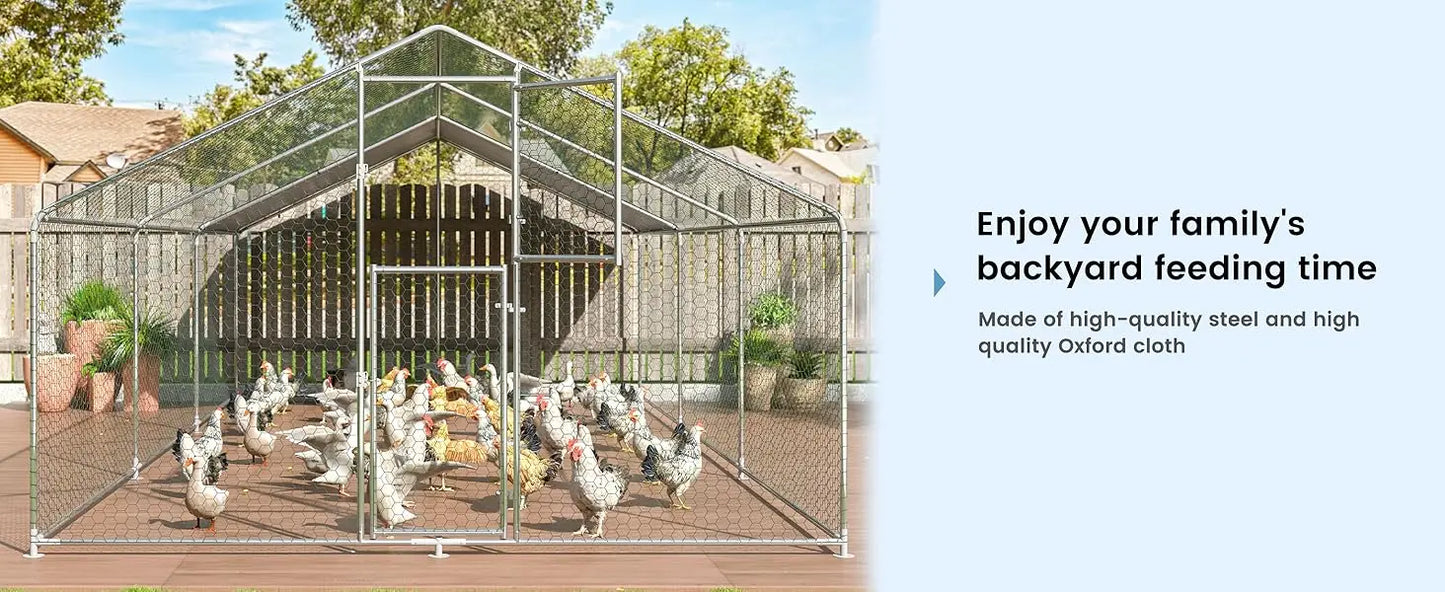 Metal Chicken Coop Large Outdoor Pen Walk-in Run for 6-20 with Double Door House