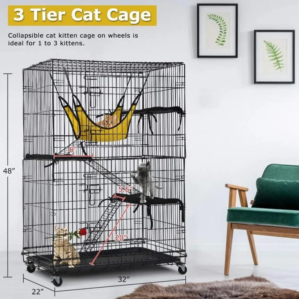 4 Tier 48 Inches Cat Cage Crate Kennel Playpen with Free Hammock 3 Cat Beds 2 Front Doors and 3 Ramp Ladders